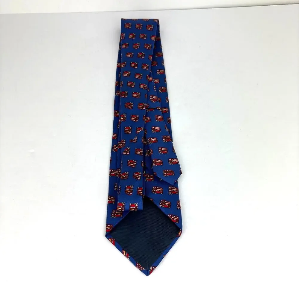 Silk Tie London Double Decker Bus Print Beaufort Tie Rack 100% silk vintage blue